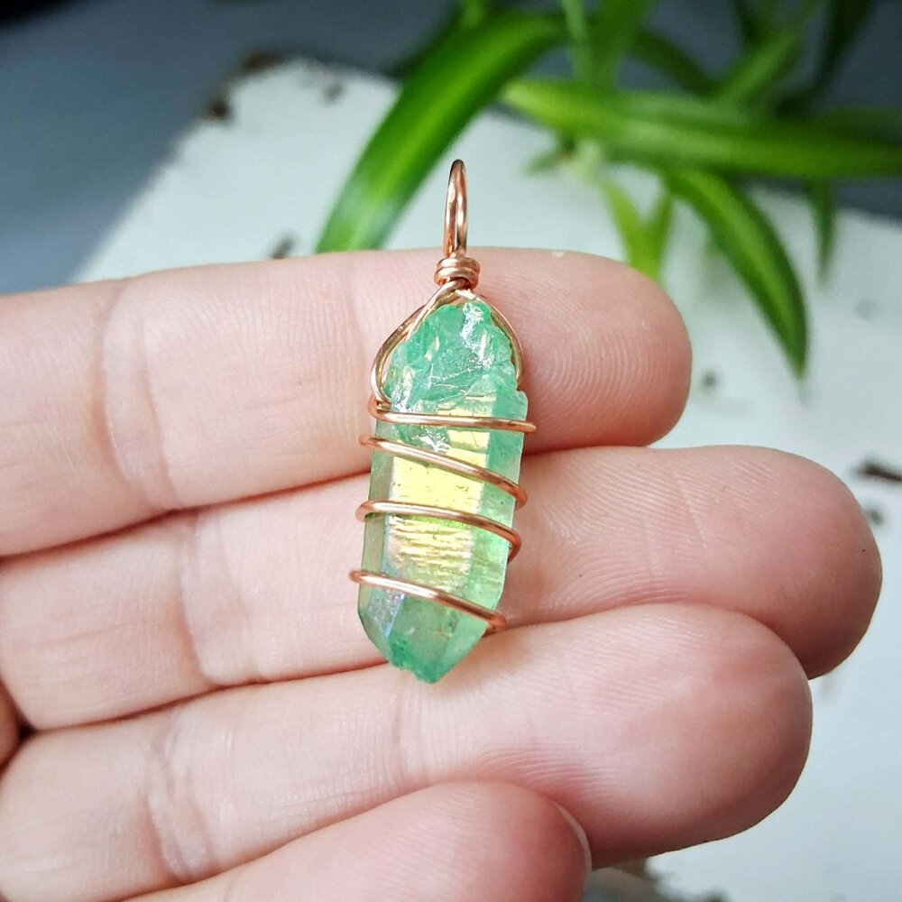 Green aura quartz copper wire wrapped gemstone pendant, 1.5"